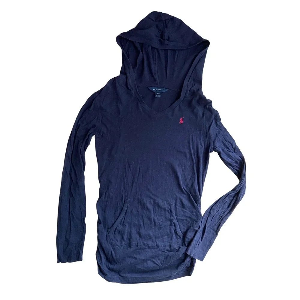 Ralph Lauren Y2K V-Neck Fitted Hoodie Shirt Women Size L Navy Lightweight Preppy